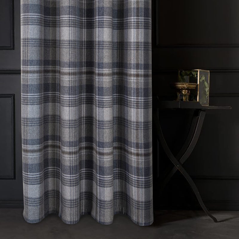 always4u Plaid Gingham Curtains for Living Room Bedroom Room Darkening Check Country Curtains 2 Panels Striped Grommet Window Treatments 45X95 Inch Blue and Brown - Image 3
